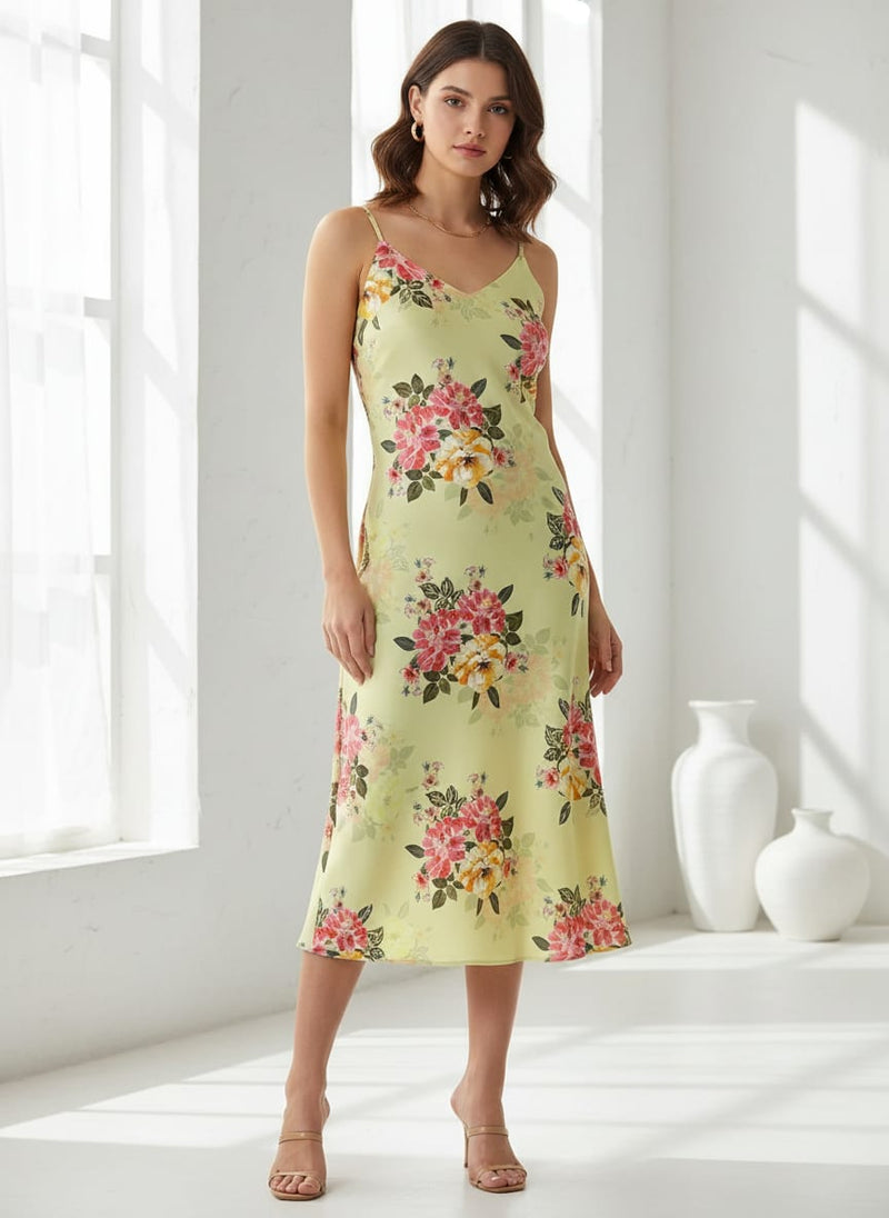Yellow Vintage Rose Floral Bouquet Jam Satin Digital Printed Fabric