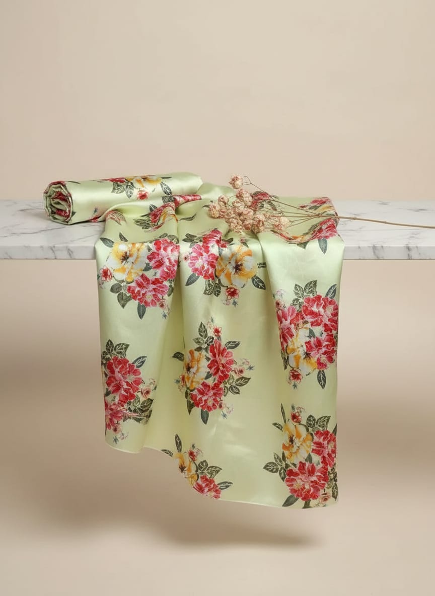 Green Watercolour Floral Bouquet Japan Satin Digital Printed Fabric
