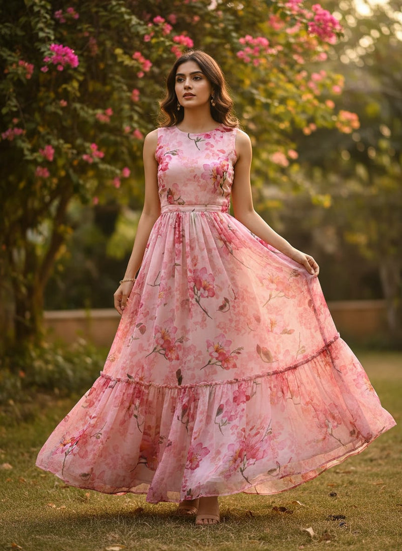 Pink Watercolour Floral Bloom Pure Chiffon Digital Printed Fabric