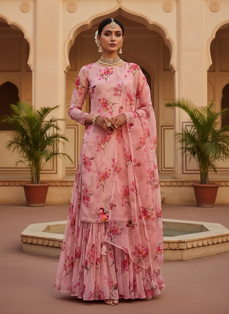 Pink Watercolour Floral Bloom Pure Chiffon Digital Printed Fabric
