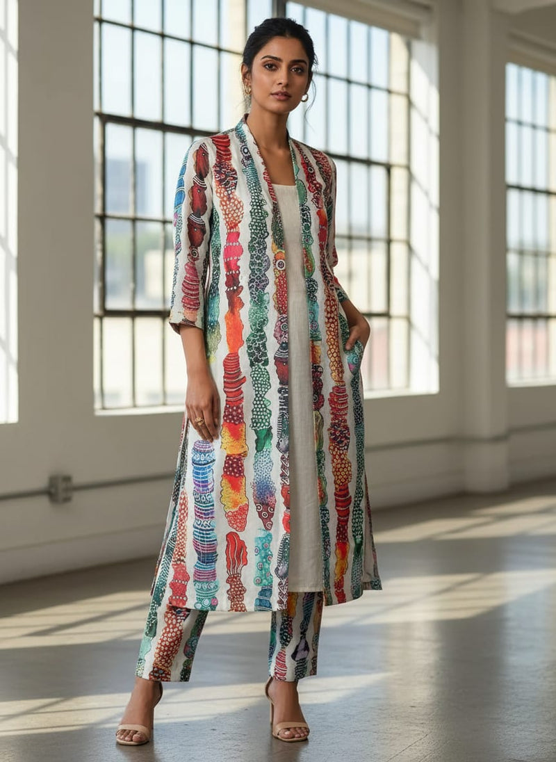 Multicolor Colorful Abstract Stacked Stripe Kora Silk Digital Printed Fabric