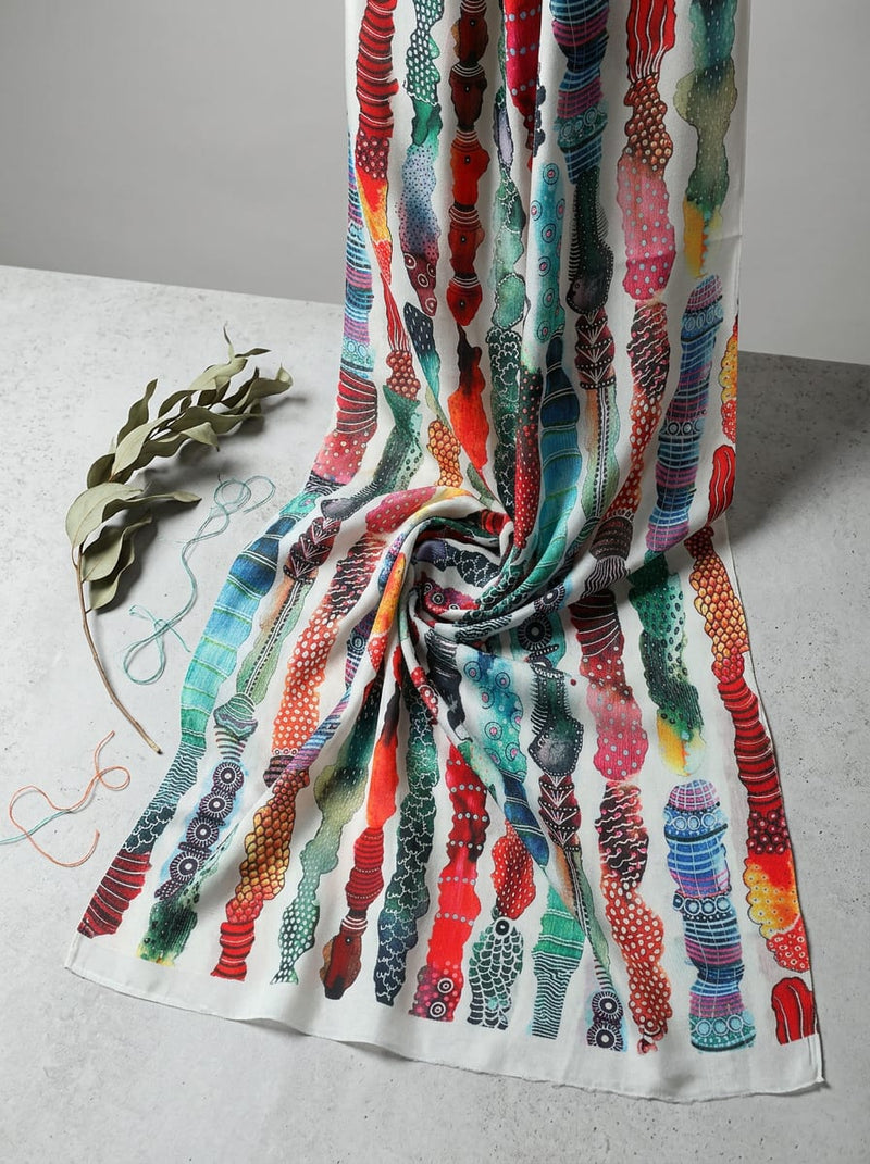 Multicolor Colorful Abstract Stacked Stripe Kora Silk Digital Printed Fabric