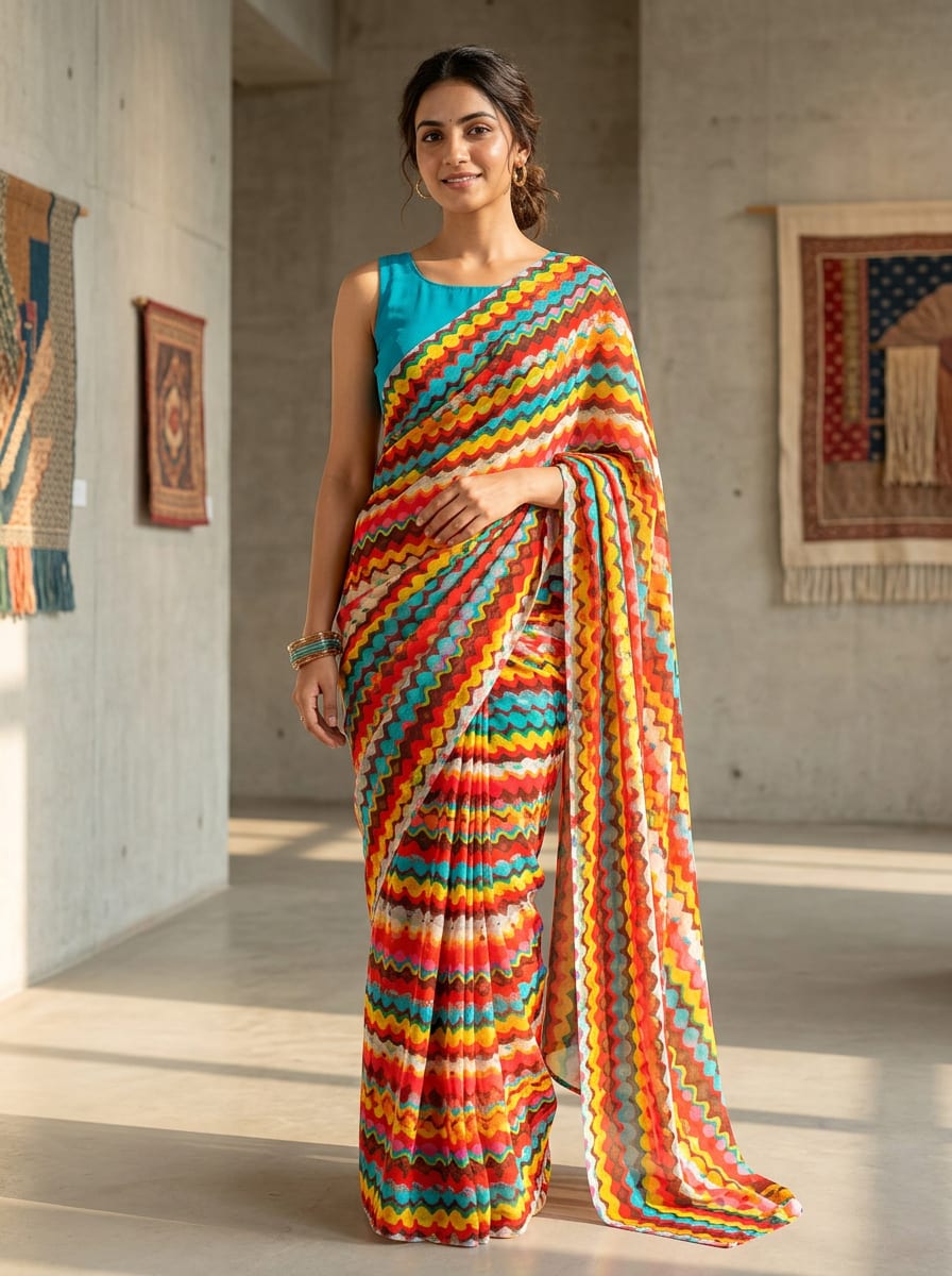 Multicolor Colorful Abstract Wavy Stripe Pure Georgette Digital Printed Fabric