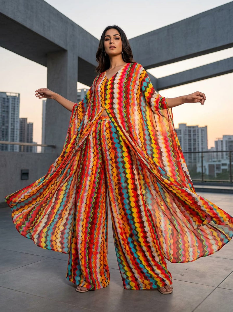 Multicolor Colorful Abstract Wavy Stripe Pure Georgette Digital Printed Fabric