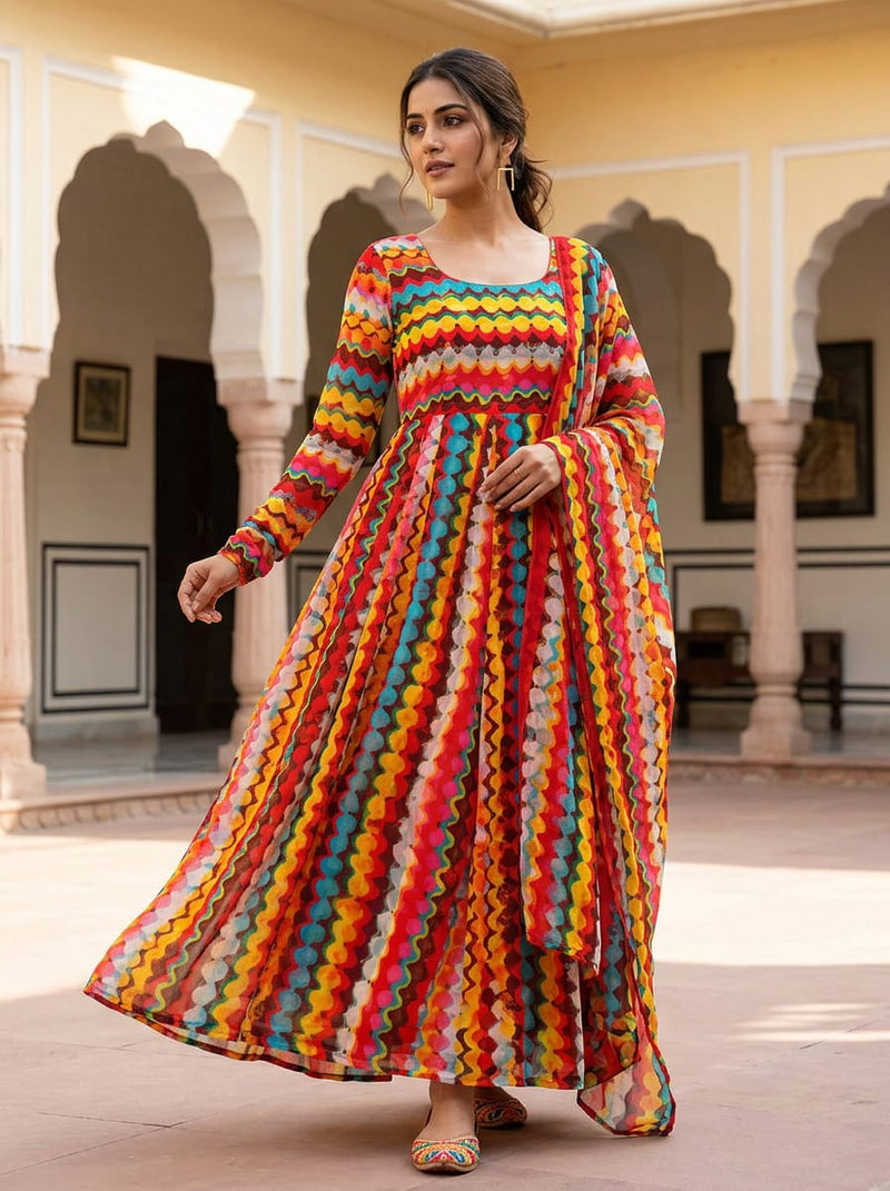 Multicolor Colorful Abstract Wavy Stripe Pure Georgette Digital Printed Fabric