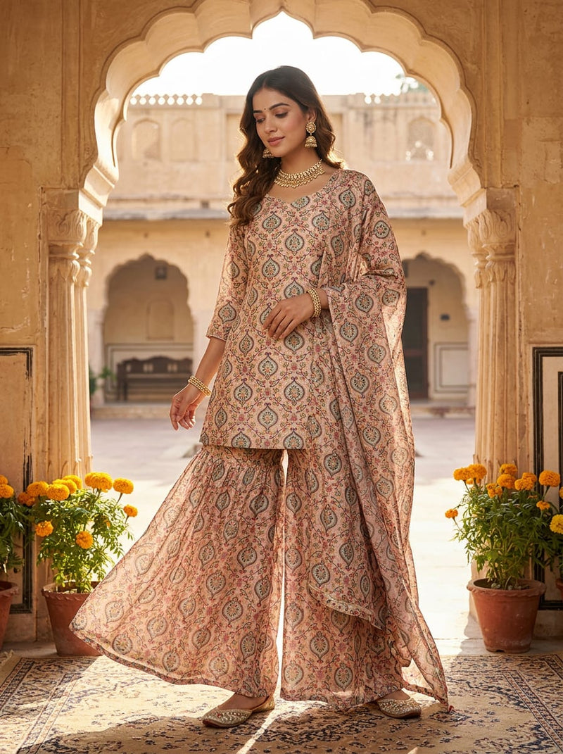Peach Ethnic Paisley Damask Upada Silk Digital Printed Fabric