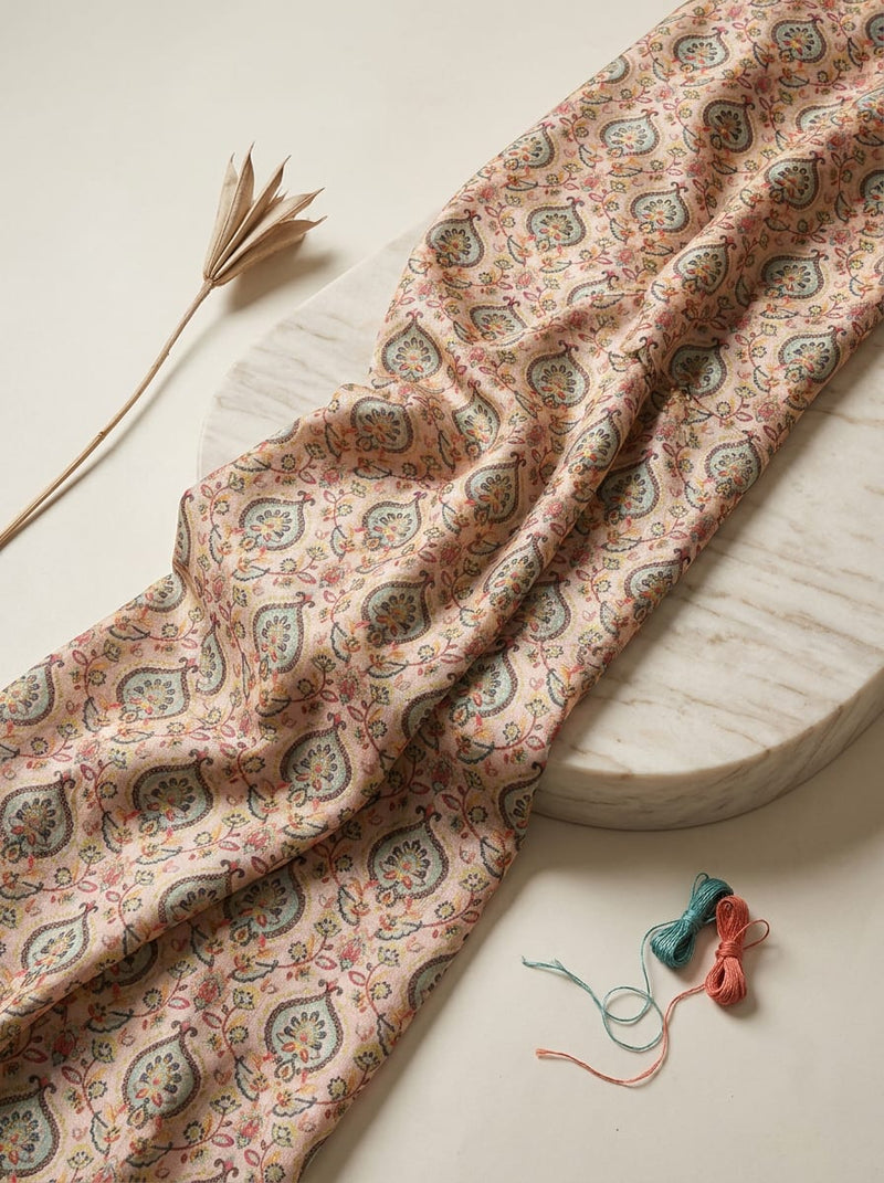 Peach Ethnic Paisley Damask Upada Silk Digital Printed Fabric