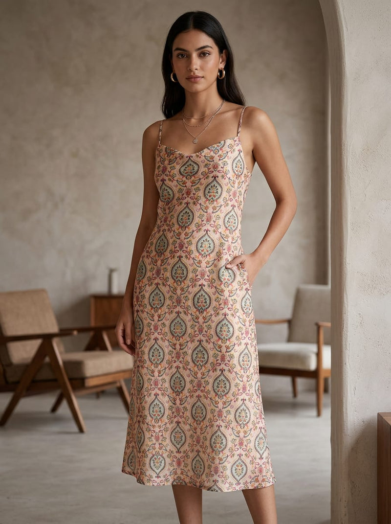 Peach Ethnic Paisley Damask Upada Silk Digital Printed Fabric