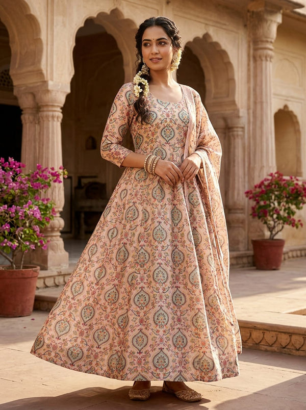 Peach Ethnic Paisley Damask Upada Silk Digital Printed Fabric - Anarkali Kurta Set Lookbook - US-0-BA1013-110 - alternate view