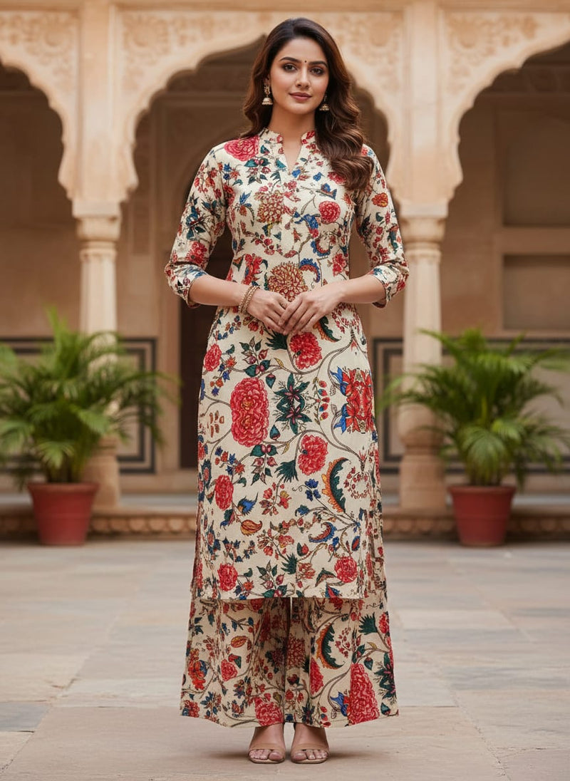 Multicolor Kalamkari Style Floral Vine Rayon Digital Printed Fabric