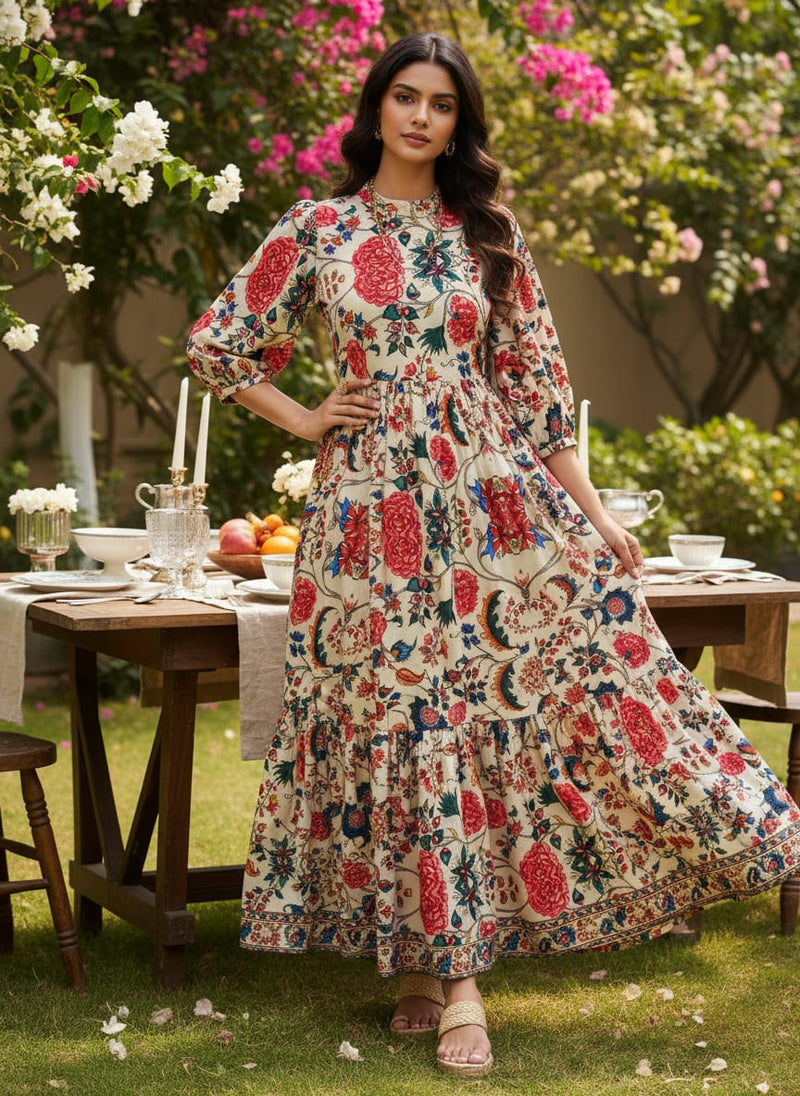 Multicolor Kalamkari Style Floral Vine Rayon Digital Printed Fabric