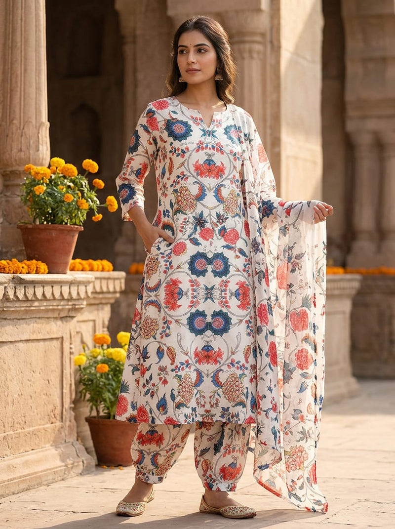 Multicolor Ethnic Floral Jaal Print Muslin Digital Printed Fabric