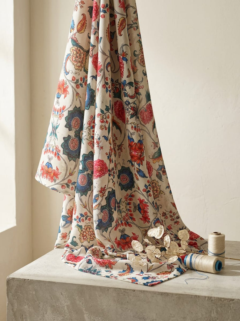 Multicolor Ethnic Floral Jaal Print Muslin Digital Printed Fabric