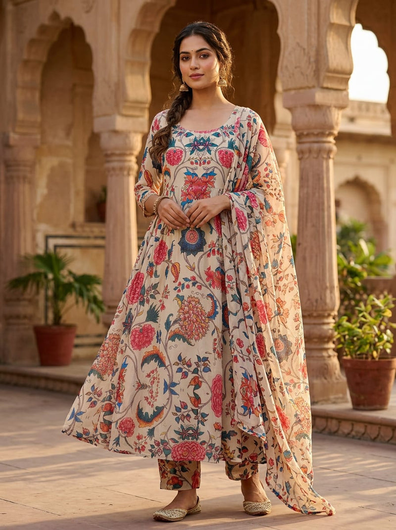 Multicolor Traditional Ethnic Floral Jaal Pure Chiffon Digital Printed Fabric