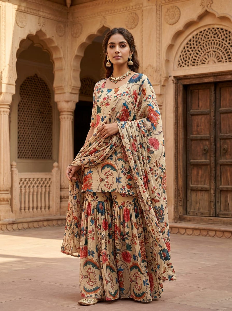 Multicolor Traditional Ethnic Floral Jaal Pure Chiffon Digital Printed Fabric