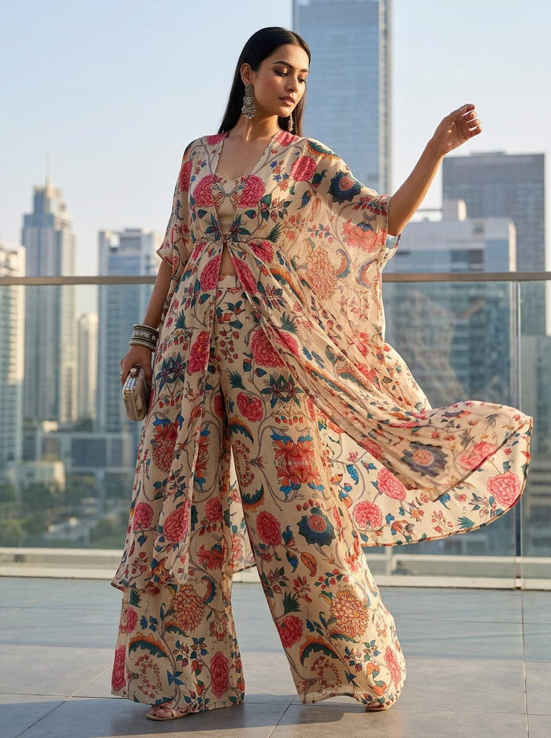 Multicolor Ethnic Floral Jaal Print Pure Georgette Digital Printed Fabric