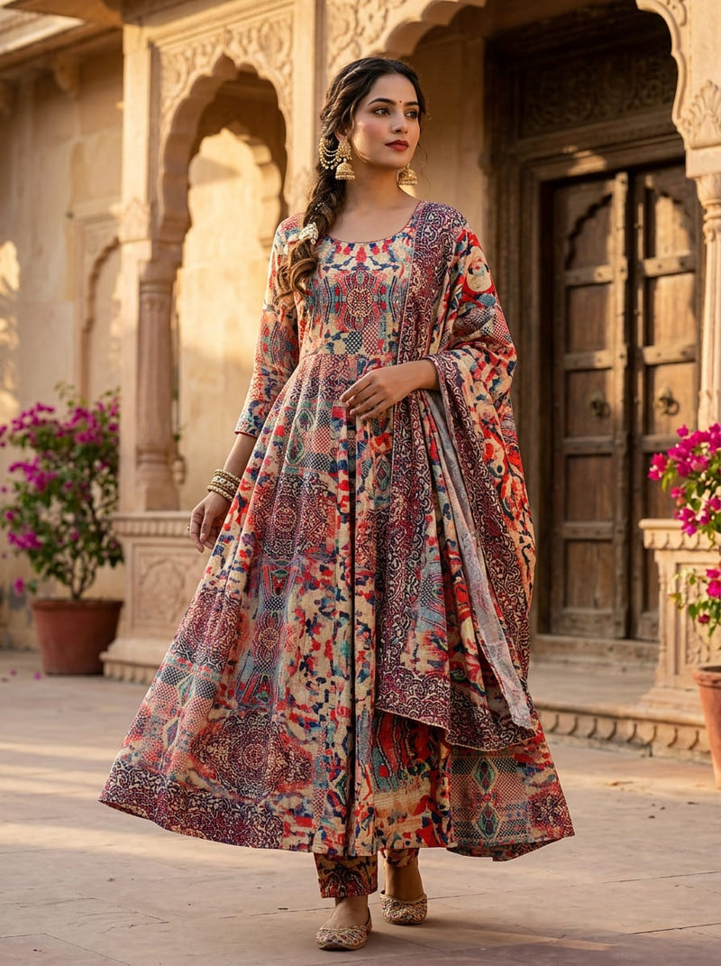 Multicolor Ethnic Tapestry Abstract Print Silk Crepe Digital Printed Fabric