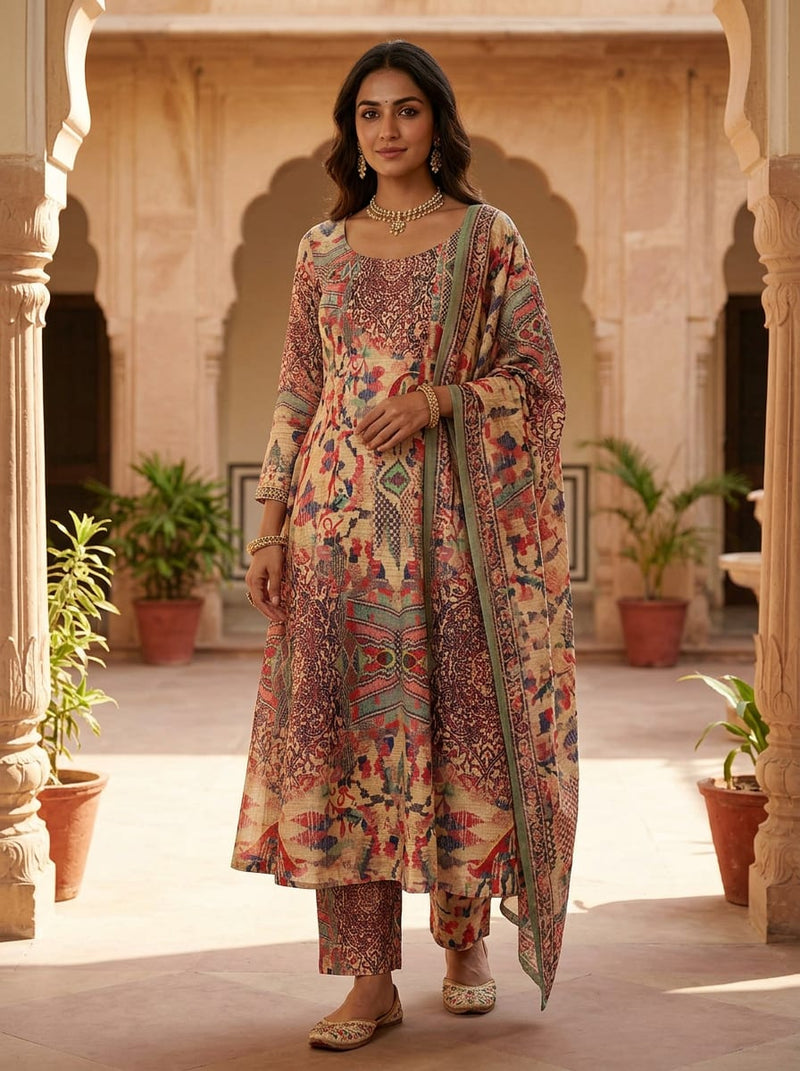 Multicolor Ethnic Tapestry Abstract Print Kora Silk Digital Printed Fabric