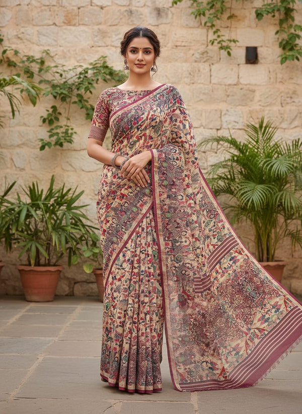 Damask Pattern Digital Printed Fabric - Saree Lookbook - PC-0-TA01170-106 - alternate view