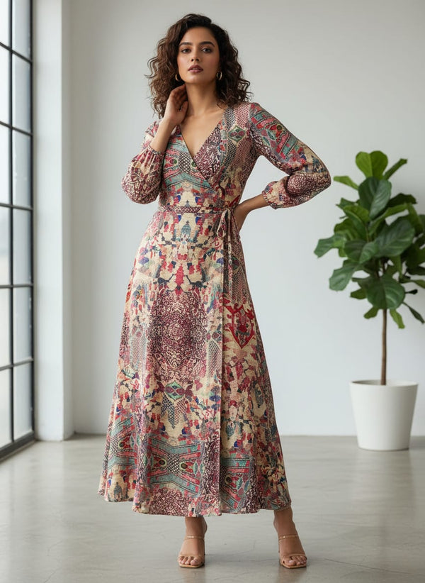 Damask Pattern Digital Printed Fabric - Wrap Dress Lookbook - TS-0-TA01170-110 - alternate view