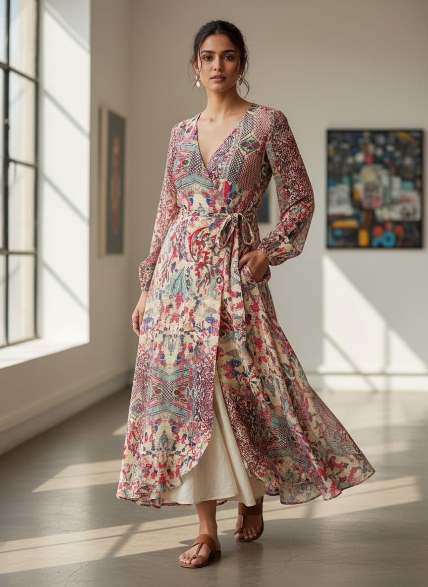 Multicolor Ethnic Paisley Abstract Print Weightless Digital Printed Fabric
