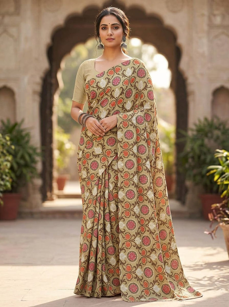Multicolor Ethnic Damask Floral Silk Crepe Digital Printed Fabric