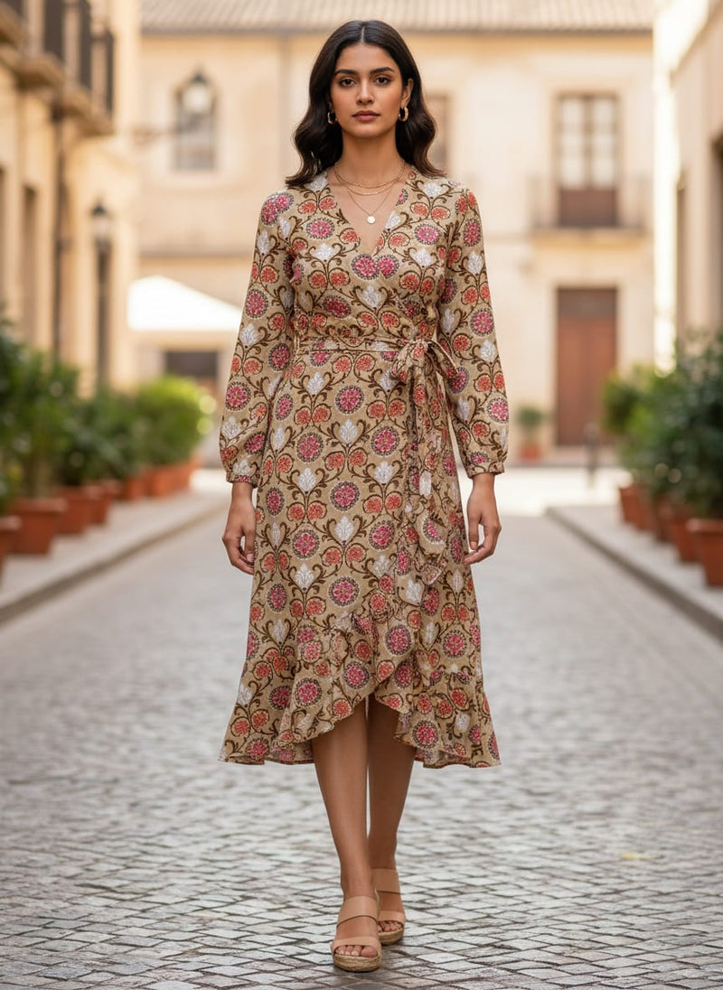 Multicolor Ethnic Damask Floral Silk Crepe Digital Printed Fabric