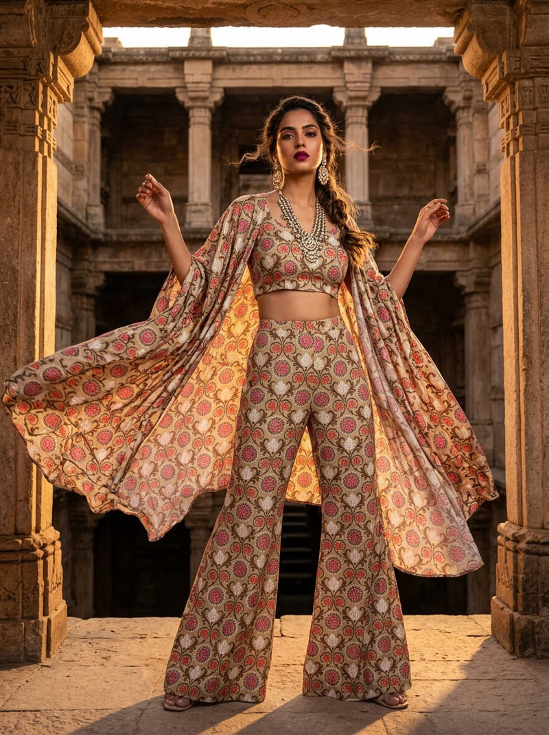Multicolor Ethnic Damask Floral Silk Crepe Digital Printed Fabric