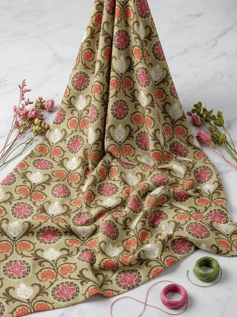 Multicolor Ethnic Damask Floral Silk Crepe Digital Printed Fabric
