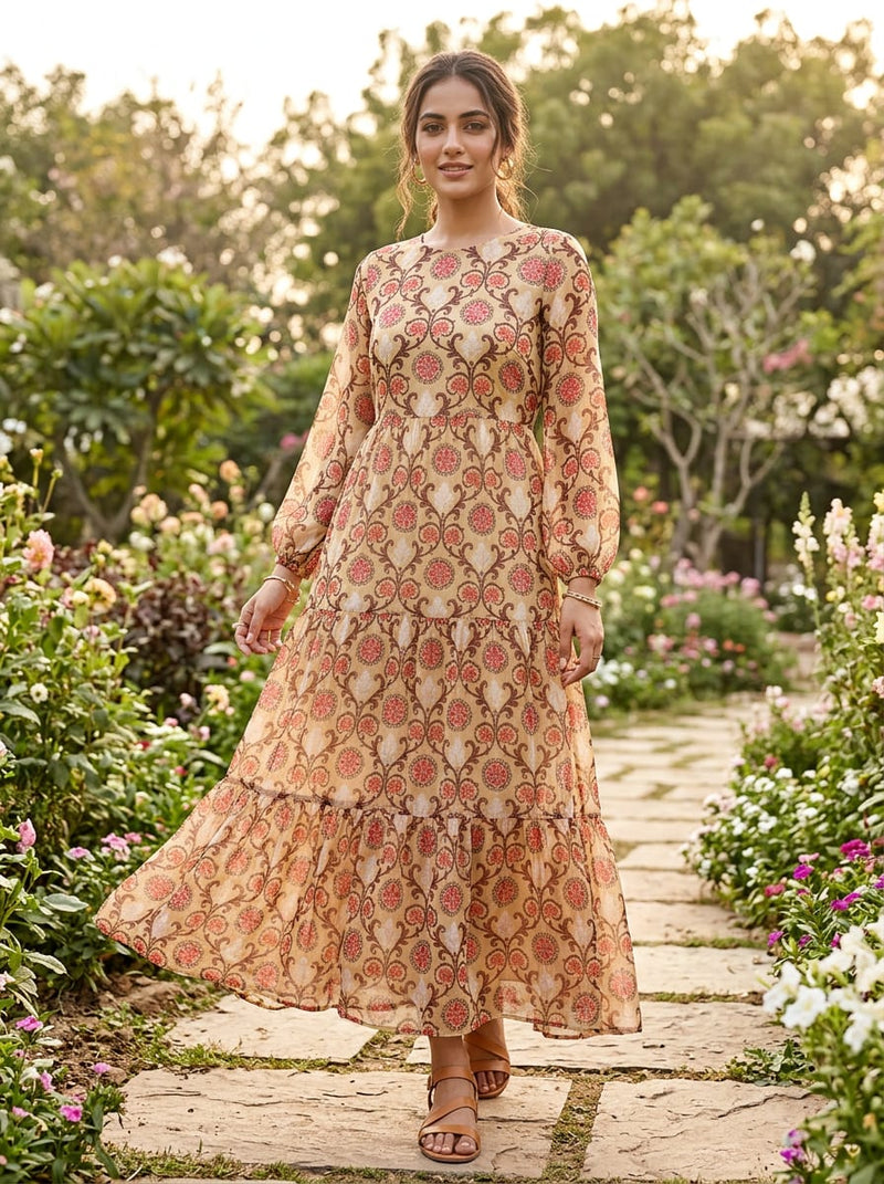 Multicolor Ethnic Damask Floral Pure Chiffon Digital Printed Fabric