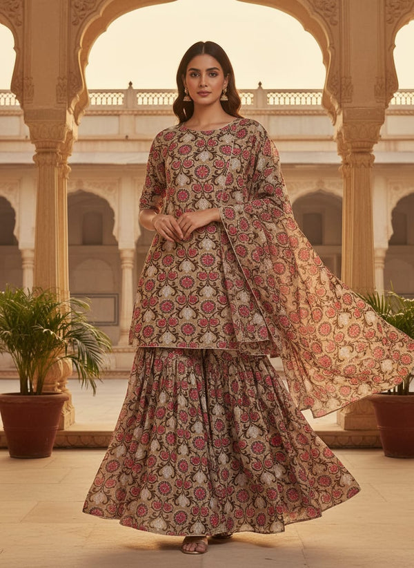 Cream Ethnic Floral Medallion Print Pure Chinon Digital Printed Fabric - Sharara Set Lookbook - PC-0-TA0833-106 - alternate view
