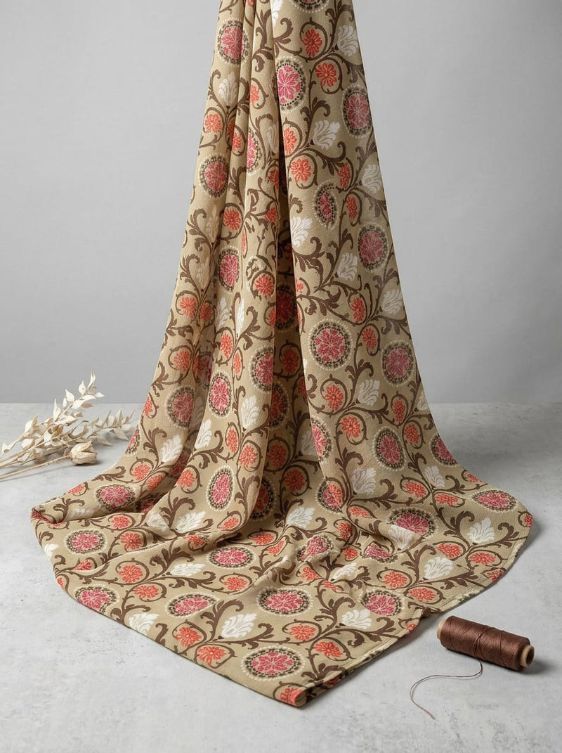 Cream Ethnic Floral Damask Pure Georgette Digital Printed Fabric