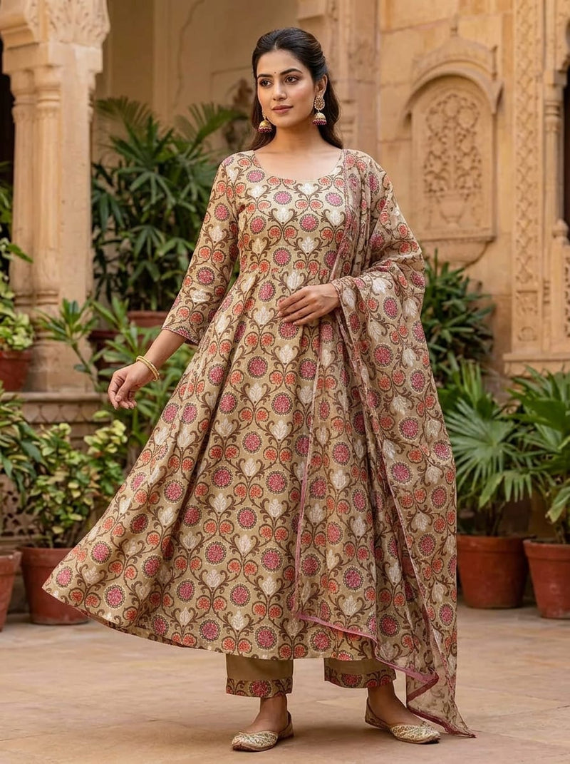 Cream and Brown Ethnic Damask Floral Tusser Silk Digital Printed Fabric