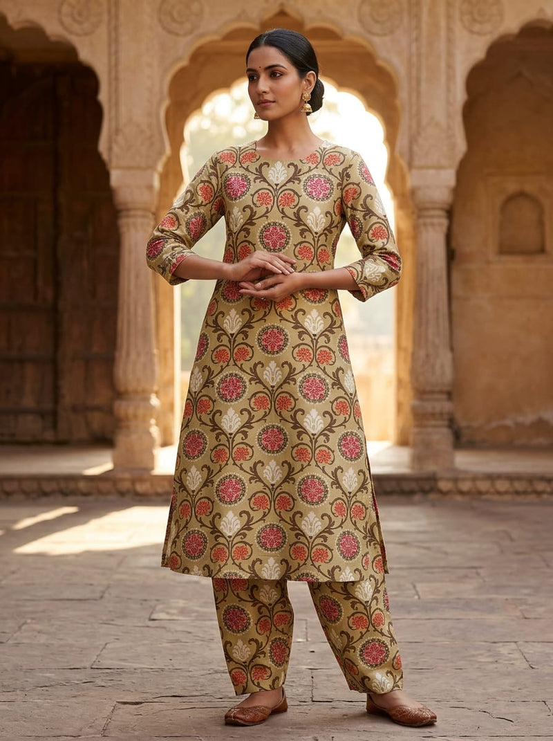 Cream and Brown Ethnic Damask Floral Tusser Silk Digital Printed Fabric