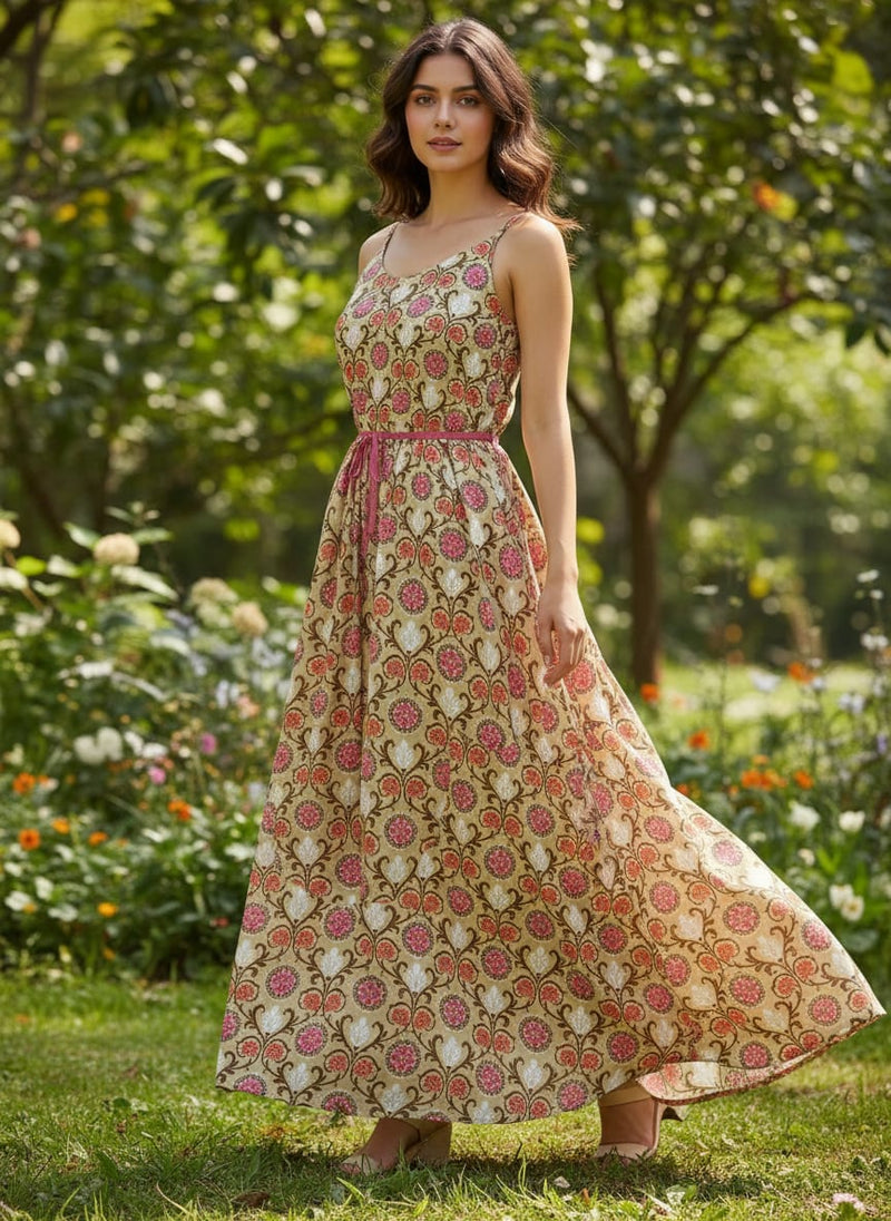 Cream Ethnic Damask Floral Weightless Digital Printed Fabric