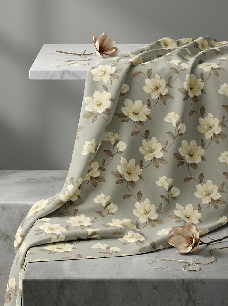 Grey and Cream Vintage Magnolia Floral Muslin Digital Printed Fabric