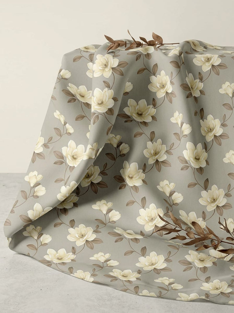 Grey Vintage Cream Magnolia Floral Pure Chiffon Digital Printed Fabric