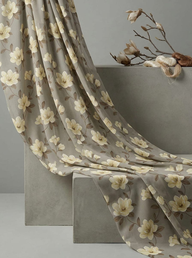 Grey Vintage Cream Magnolia Floral Pure Georgette Digital Printed Fabric