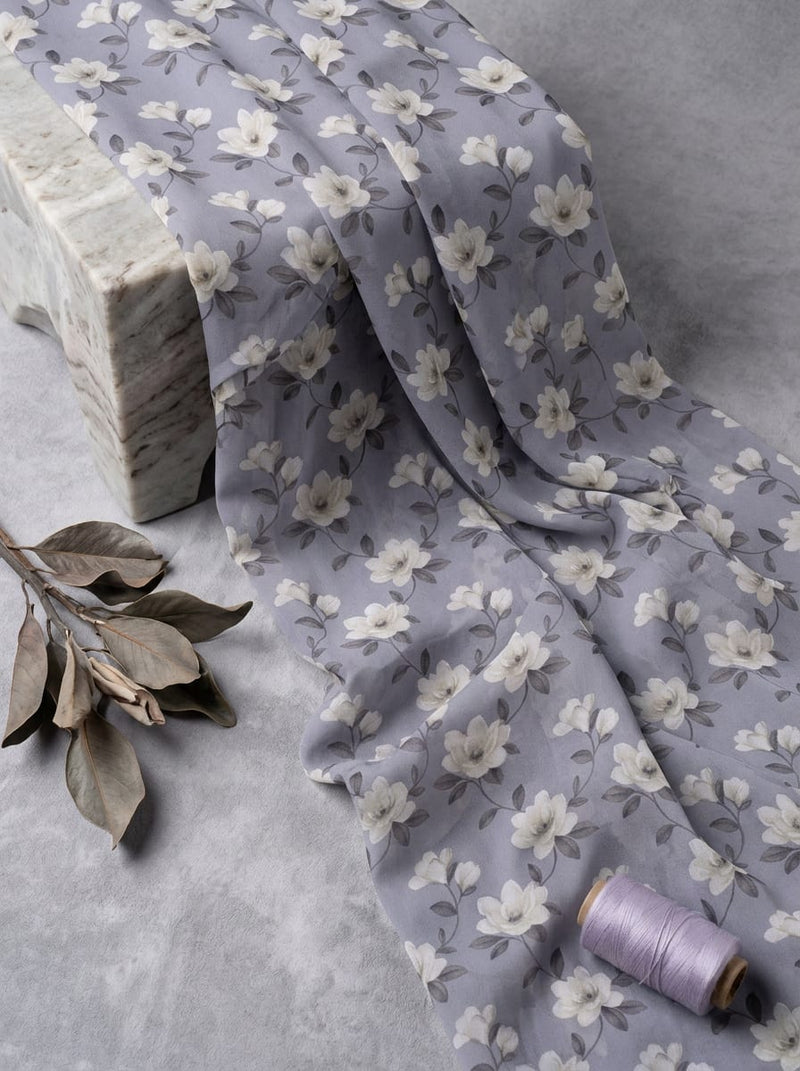 Grey White Magnolia Floral Vine Weightless Digital Printed Fabric