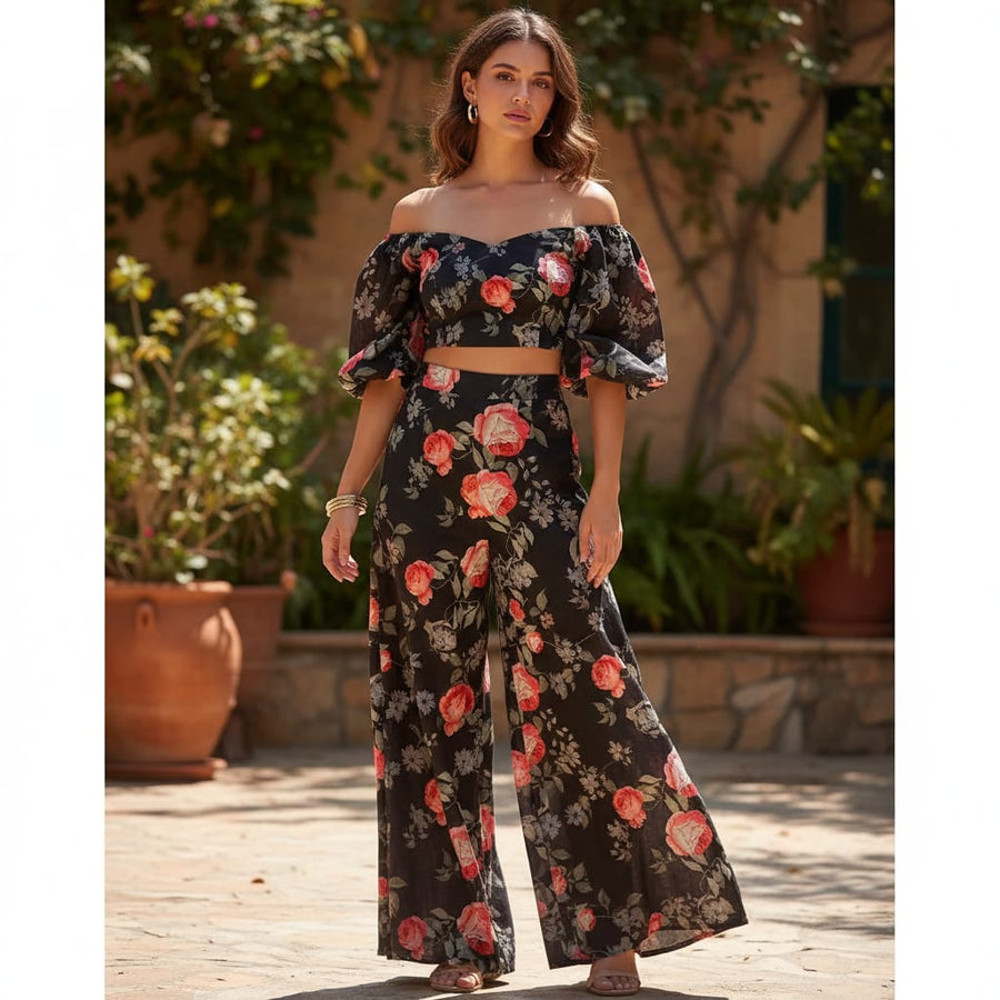 Elegant Floral Over Black Base Digital Printed Fabric