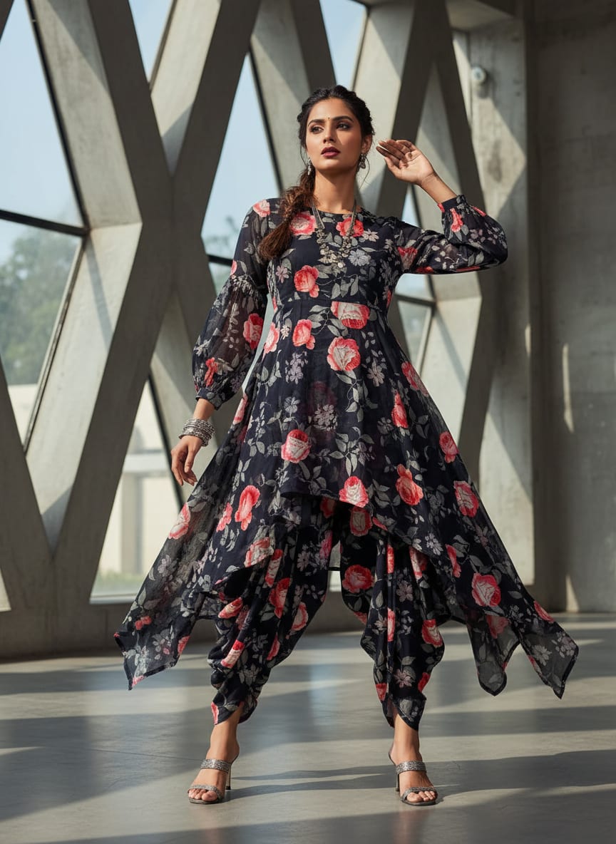 Elegant Floral Over Black Base Digital Printed Fabric