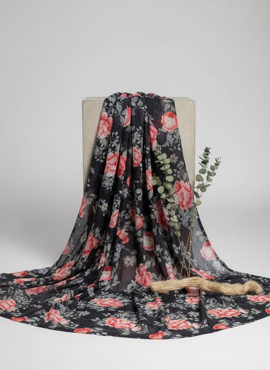 Elegant Floral Over Black Base Digital Printed Fabric