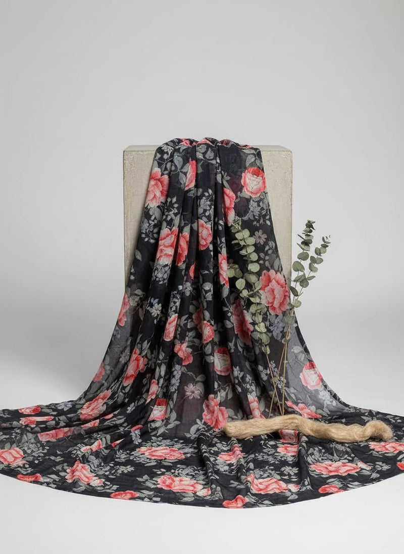 Elegant Floral Over Black Base Digital Printed Fabric