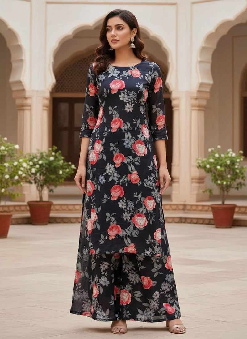 Elegant Floral Over Black Base Digital Printed Fabric