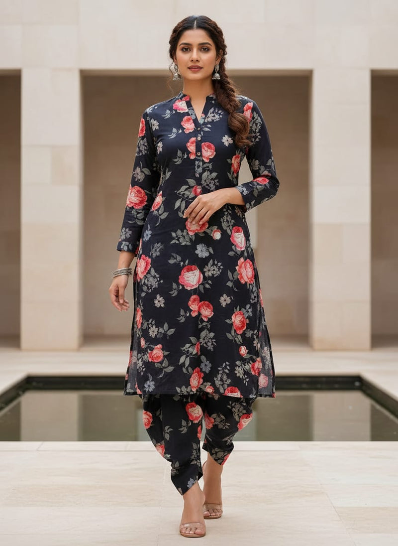 Black Vintage Rose Floral Pure Cotton Digital Printed Fabric