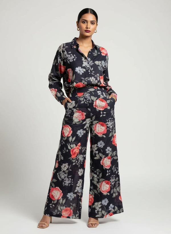 Black Vintage Rose Floral Pure Cotton Digital Printed Fabric - Co-ord Set with Wide Leg Pants Lookbook - PCO-0-0TA06659P1-108 - alternate view