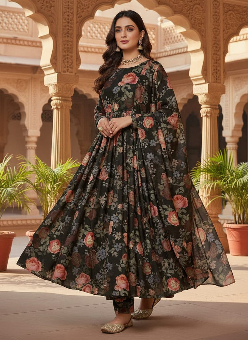 Elegant Floral Over Black Base Digital Printed Fabric