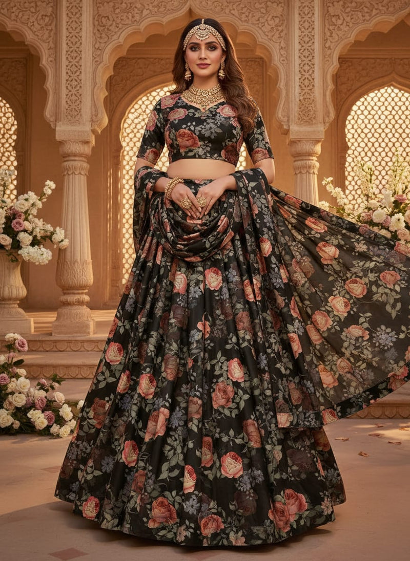 Elegant Floral Over Black Base Digital Printed Fabric