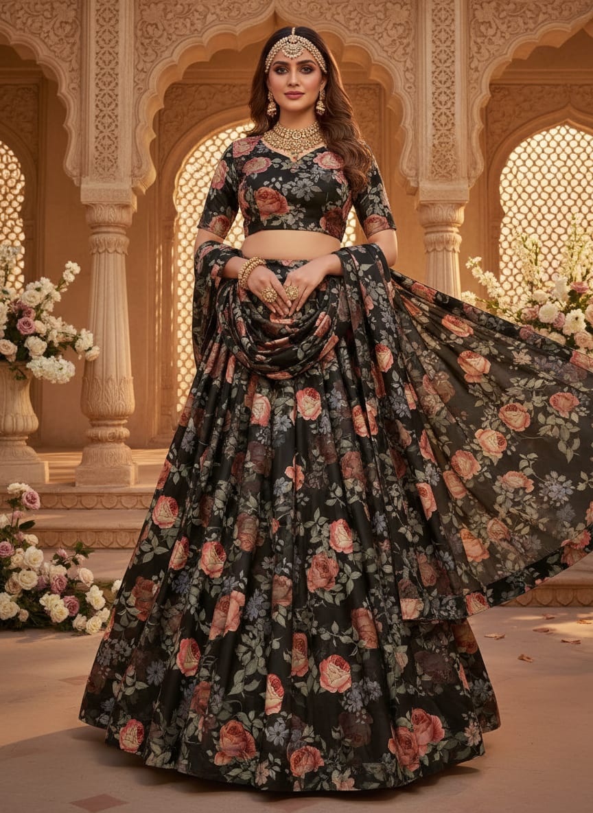Elegant Floral Over Black Base Digital Printed Fabric