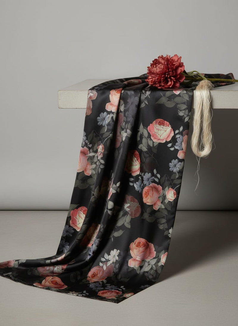 Elegant Floral Over Black Base Digital Printed Fabric